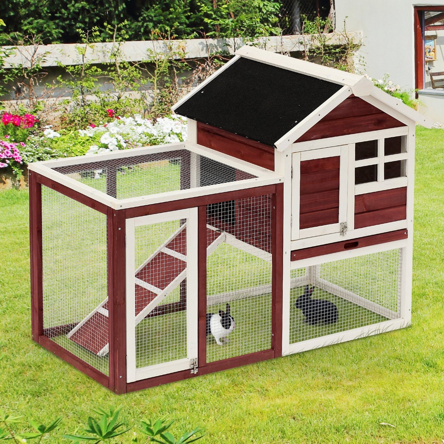 PawHut 48"x25”x36” Wooden Rabbit Hutch Backyard Bunny Cage Small Animal House Ladder and Outdoor Run | Aosom Canada