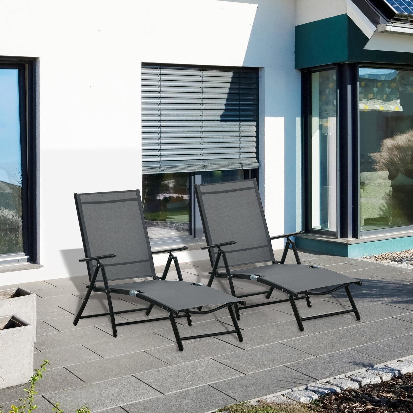 Outsunny Outdoor Set of 2 Lounge Chair, Folding Reclining Garden Sun Lounger with Metal Frame, Grey | Aosom Canada