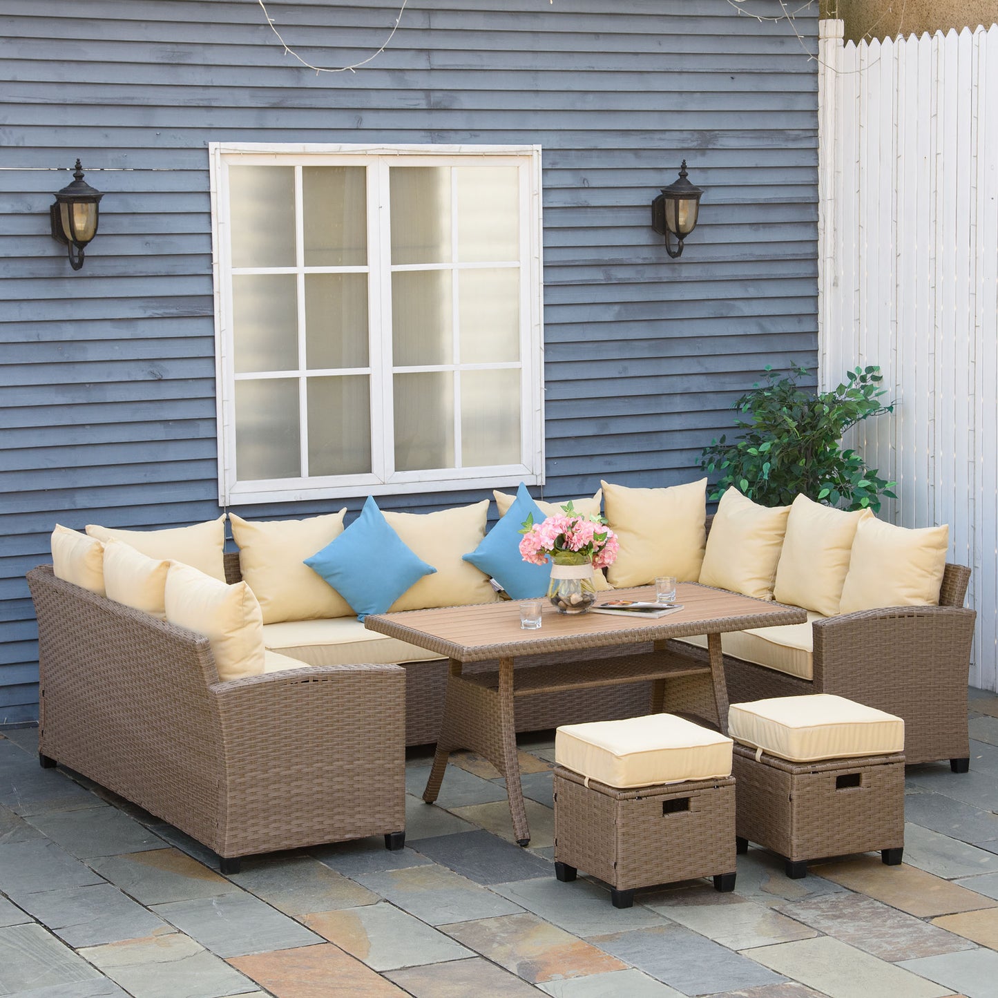 Outsunny 6 Pieces Patio Wicker Sofa Set, Outdoor All Weather PE Rattan Ample Seating Room Conservatory Furniture, Grey and Khaki | Aosom Canada