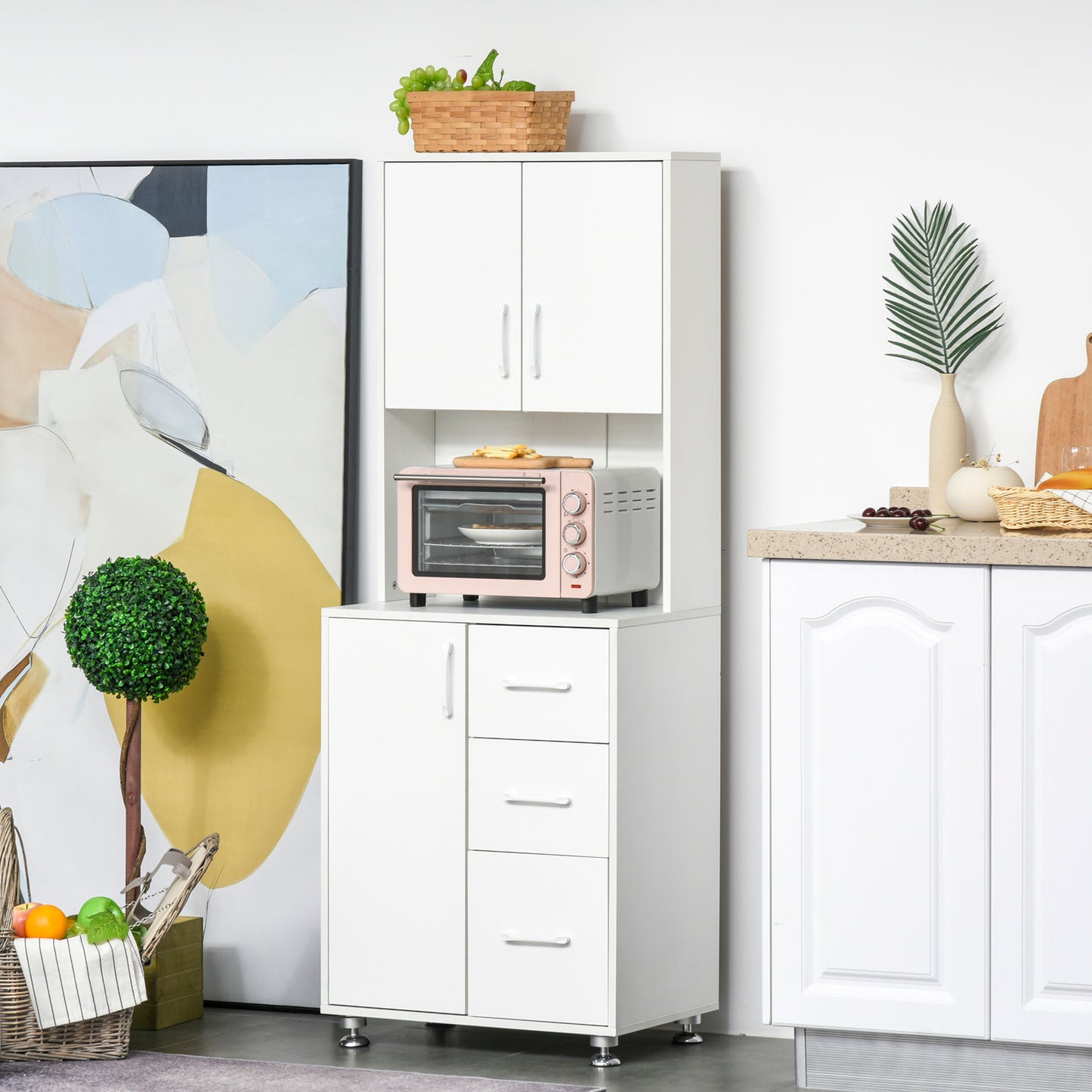 HOMCOM 59" Modern Kitchen Pantry, Buffet Server with Hutch, Cupboard with Storage Cabinet, 3 Drawers and Open Countertop, White | Aosom Canada
