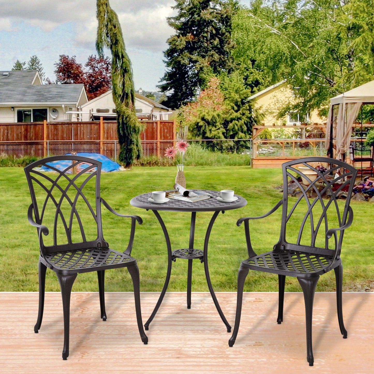 Outsunny 3 Pieces Patio Furniture Set, Outdoor Garden Conversation Set with Coffee Table, 2 Chairs and Umbrella Hole, Brown | Aosom Canada